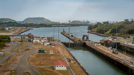 Panama canal view leading to the sea and Port of Panama City. It is the end ot the Panama Canal route.