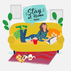 Stay home banner template.Quarantine or self-isolation. Health care concept. Fears of getting coronavirus. Global viral epidemic or pandemic. Trendy flat vector illustration
