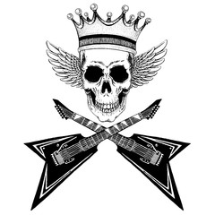 Vector skull with wings in crown with guitars. Logo for shirt, musical poster