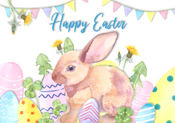 Watercolor Easter Poster,  Easter Postcard, Cute Rabbit Craft Set, Watercolor Wildflowers, Easter Celebration, Flower and Rabbit DIY, Happy Easter Illustration, Bunny and Eggs Illustration