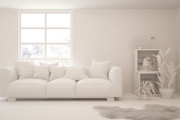 White minimalist living room with sofa. Scandinavian interior design. 3D illustration