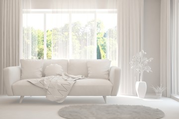 White living room with sofa and summer landscape in window. Scandinavian interior design. 3D illustration
