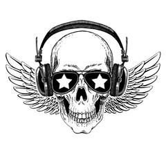 Vector skull in headphones. Logo for shirt, musical online school, internet education, tattoo, poster.