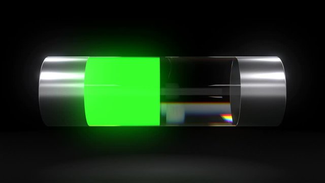 Battery discharging animation showing electronic device battery discharge process. Rechargeable battery capacity shown as green fill changing its color while power decreasing as battery idischarging.