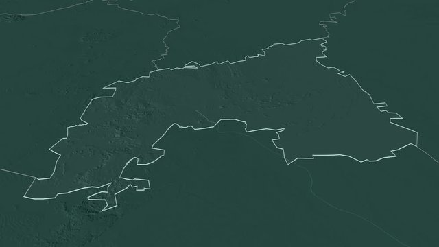 Khomas, region with its capital, zoomed and extruded on the administrative map of Namibia in the conformal Stereographic projection. Animation 3D
