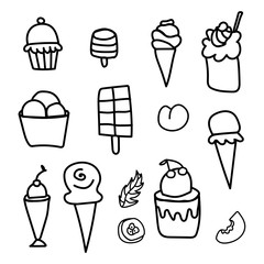 Vector set of ice cream and fruit. Clip art food simple illustrations with a black line doodle hand drawn. Design for web, posters, social media, packaging, banners, coloring, cards, wrapping paper.