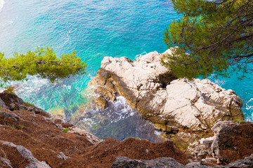 Beautiful view of the island in the Adriatic Sea and the rocky shore.