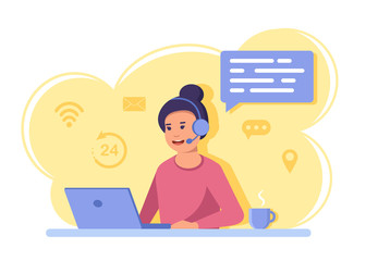 Flat design modern vector illustration lifestyle concept of handsome man in casual T-shirt sitting at the desk and working on laptop in the office. Isolated on stylish colored background