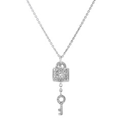 White gold pendant lock and key on a chain with diamonds isolated on white background