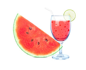 A sliced watermelon with wine glass of watermelon juice solated on white background.
