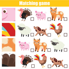 Matching game. Educational children activity. Match pattern with farm animal