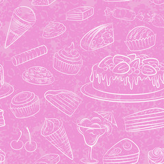Seamless Background, Food, Sweets White Contours, Pink Wallpaper with Tile Pattern. Vector