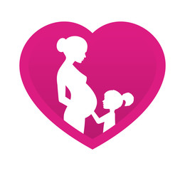Vector pink heart with silhouette of pregnant mom and little daughter. Isolated on white background