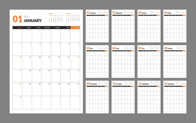 Wall calendar template for 2021 year. Planner diary in a minimalist style. Week Starts on Sunday. Monthly calendar ready for print.