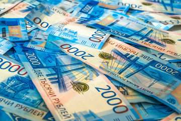2000 banknotes rubles are on the table,close up