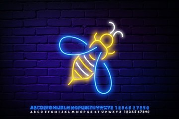 Vintage Glow Signboard with Honeybee, Design Element. Flying Bee Poster Template. Shiny Neon Light Flyer, Banner, Business Card. Seamless Brick Wall. Vector 3d Illustration. Clipping Mask, Editable