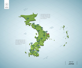 Stylized map of Japan. Isometric 3D green map with cities, borders, capital Tokyo, regions. Vector illustration. Editable layers clearly labeled. English language.