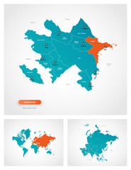 Editable template of map of Azerbaijan with marks. Azerbaijan  on world map and on Asia map.