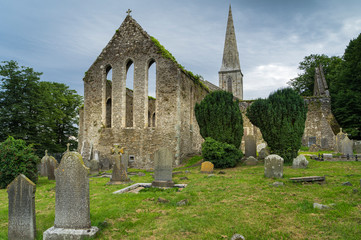 View of the ruins of the medieval church of St. Mary in the Irish city of New Ross, with the old cemetery in the foreground.