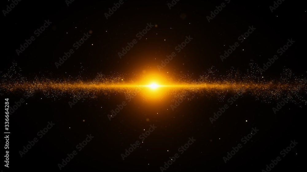 Sticker gold particles flare abstract background with shining golden big bang particle stars dust on dark ga