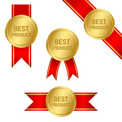 Best Product №1 high quality gold medal badges with red ribbons set, champion, winner, award vector EPS 10