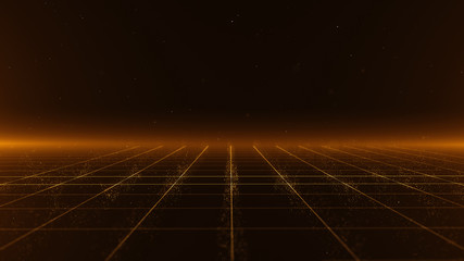 Abstract background shining golden floor ground particles stars dust perspective grid with flare. Futuristic glittering in space on black background.