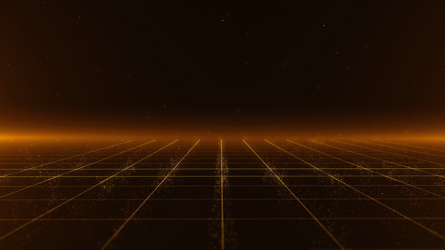 Abstract background shining golden floor ground particles stars dust perspective grid with flare. Futuristic glittering in space on black background.