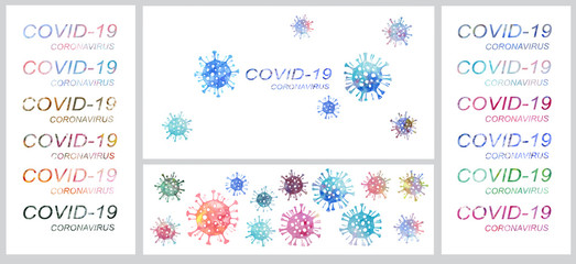 Сoronavirus.  Poster. Covid-19. Colorful images of viruses.  Set of design elements. Watercolor illustration.