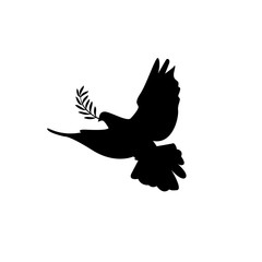 Black silhouette of a dove on a white background. Love and peace sign.