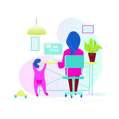 Working at home on quarantine,  concept illustration. Young people, mаn and womаn freelancers working on laptops and computers at home in quarantine. Vector flat style illustration