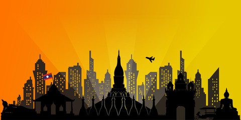 Laos Travel postcard, poster, tour advertising of world famous landmarks in silhouette style. Vectors illustrations