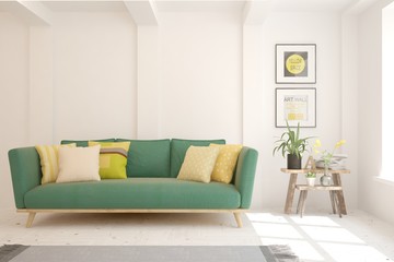 White living room with sofa. Scandinavian interior design. 3D illustration