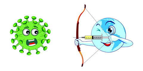 Cartoon Earth archer vaccinates against corona virus - obrazy, fototapety, plakaty