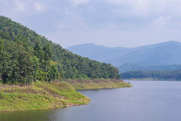 Fototapeta premium Relax and enjoy beautiful scenery at the Mae Ngat Dam and Reservoir is part of the Sri Lanna National Park, Chiang Mai, Thailand. Holiday and Travel concept