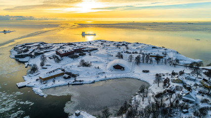 Sunset view of winter Baltic sea, Finland.