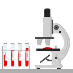 Blood tubes for investigation. Infectious blood under a microscope for analysis and experiments. The concept of the study of global  infection COVID-19