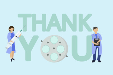 Thank you, doctor, paramedics, nurses fighting the outbreak of the Covid-19 virus. Appreciation concept with the image of a nurse with a syringe, a doctor with a medical history, a surgical lamp
