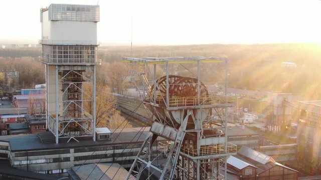 Mining shaft, elevator, 
coalmine, sunset, dron