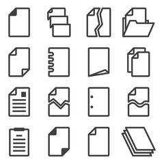 Document icons set. Different versions of folded sheets of paper with a wrapped corner and in a folder. Isolated vector on a white background.