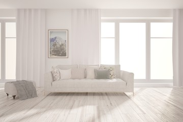 White living room with sofa. Scandinavian interior design. 3D illustration