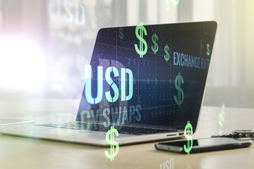 Double exposure of creative EURO USD symbols hologram on laptop background. Banking and investing concept