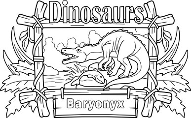 cartoon prehistoric dinosaur baryonyx, coloring book, funny illustration