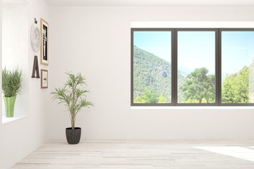 Stylish empty room in white color with summer landscape in window. Scandinavian interior design. 3D illustration