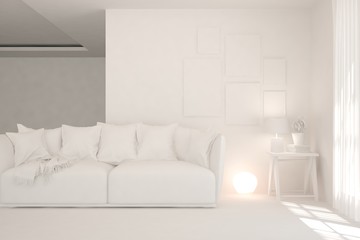 White minimalist living room with sofa. Scandinavian interior design. 3D illustration