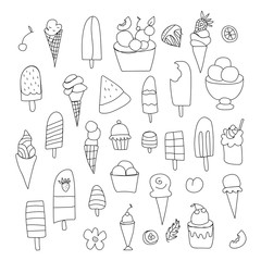 Vector set of ice cream and fruit. Clip art food simple illustrations with a black line doodle hand drawn. Design for web, posters, social media, packaging, banners, coloring, cards, wrapping paper.