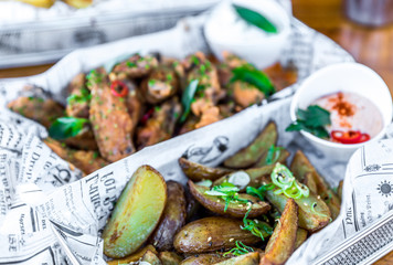 Fried chicken wings with french fries 