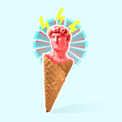 Icecream filled with pink statue and lighters around. Negative space to insert your text. Modern...