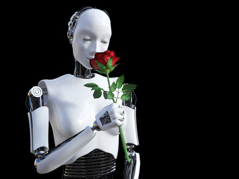 3D rendering of female robot smelling red rose.