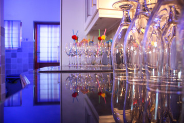 Cocktail glasses on a counter