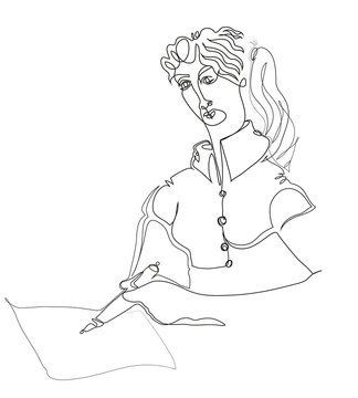 One continuous line drawing of young woman writing somethings.
Young college stundent girl writing somethings.

